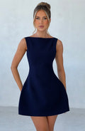 Women's Sleeveless Tailored Mini Dress with Boat Neck and A-line Skirt - 4