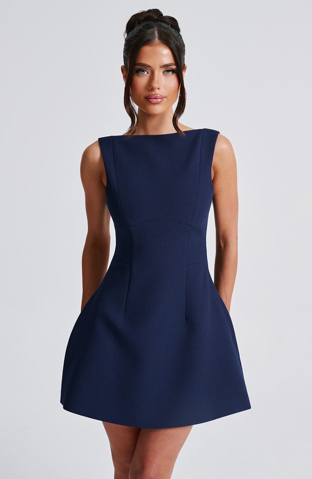 Women's Sleeveless Tailored Mini Dress with Boat Neck and A-line Skirt - 3