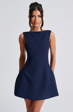 Women's Sleeveless Tailored Mini Dress with Boat Neck and A-line Skirt - 3