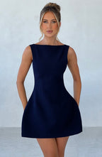 Women's Sleeveless Tailored Mini Dress with Boat Neck and A-line Skirt - 6