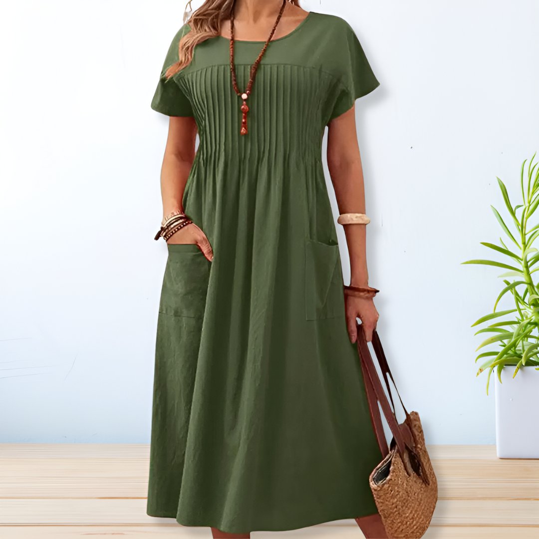 Women's Midi Dress Short Sleeve with Pintuck Pleating and Pockets - Green
