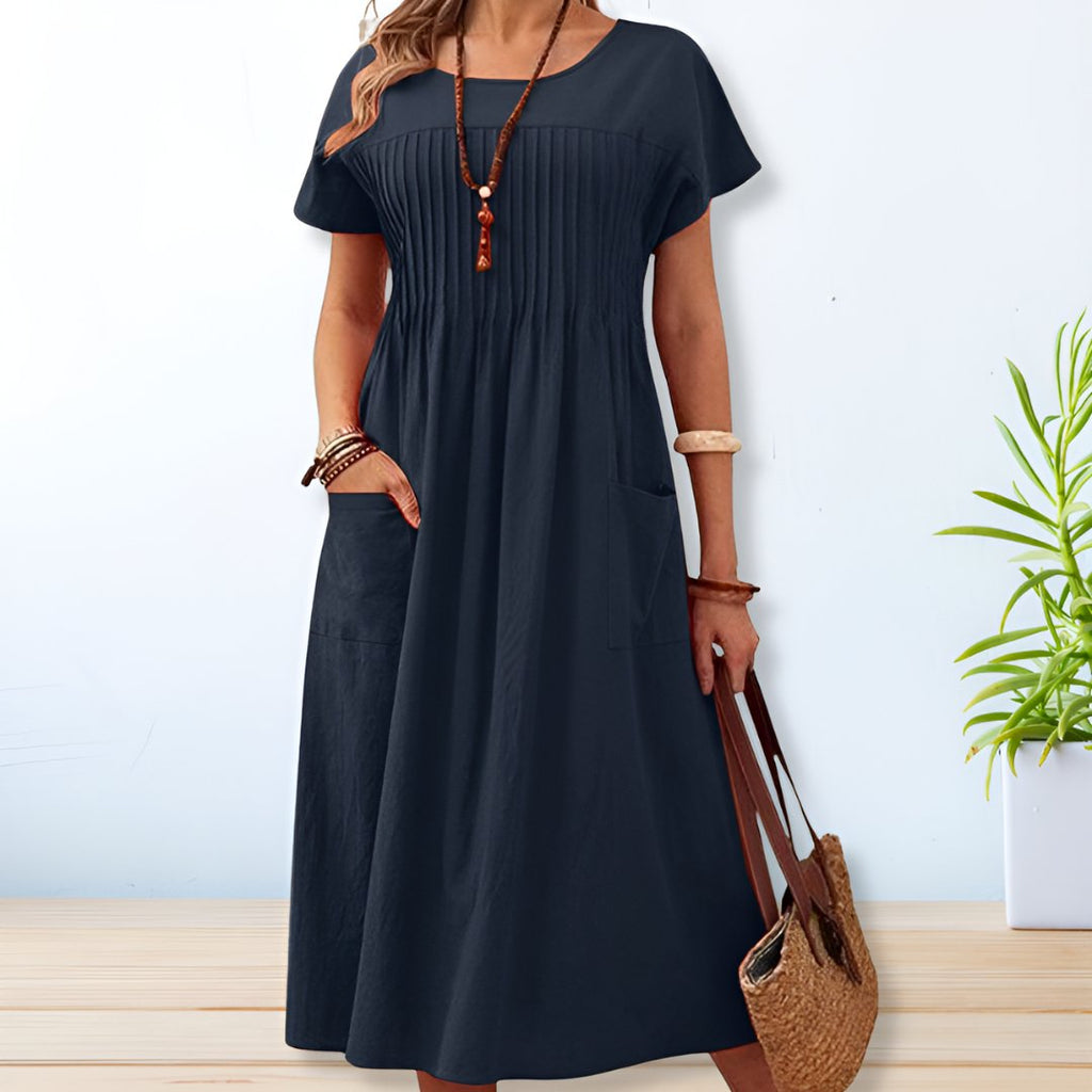 Women's Midi Dress Short Sleeve with Pintuck Pleating and Pockets - Blue