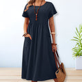 Women's Midi Dress Short Sleeve with Pintuck Pleating and Pockets - Blue