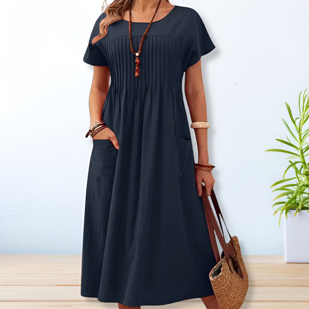Women's Midi Dress Short Sleeve with Pintuck Pleating and Pockets - Blue