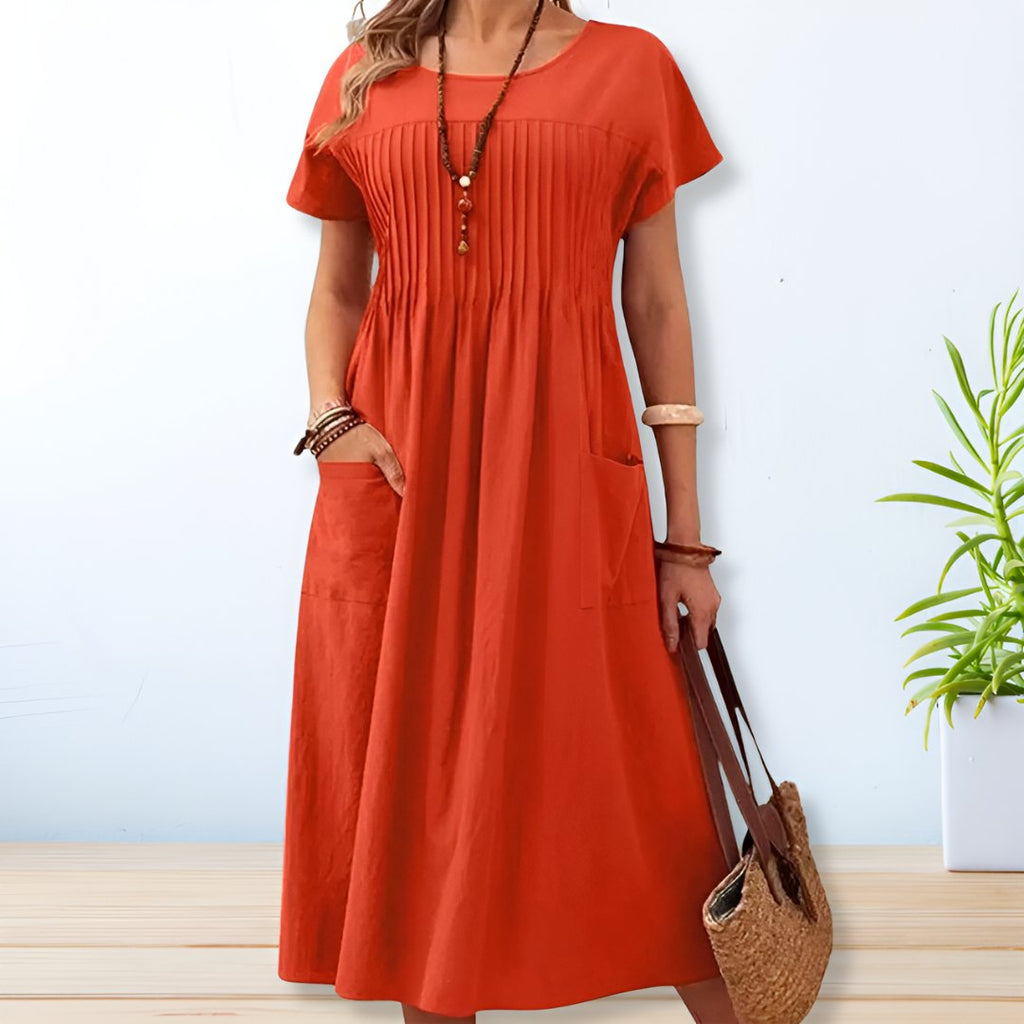 Women's Midi Dress Short Sleeve with Pintuck Pleating and Pockets - Orange