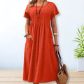 Women's Midi Dress Short Sleeve with Pintuck Pleating and Pockets - Orange