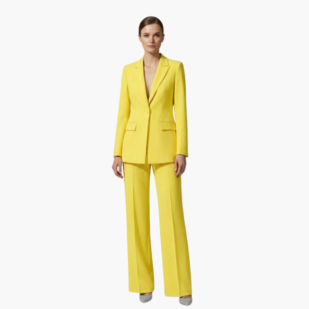 Women's Blazer Suit Set with Notch Lapel and Straight Trousers - Yellow