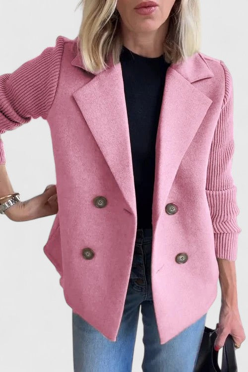 Women's Blazer Double-Breasted with Contrast Knit Sleeves - Pink