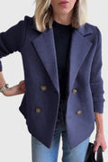 Women's Blazer Double-Breasted with Contrast Knit Sleeves - Blue