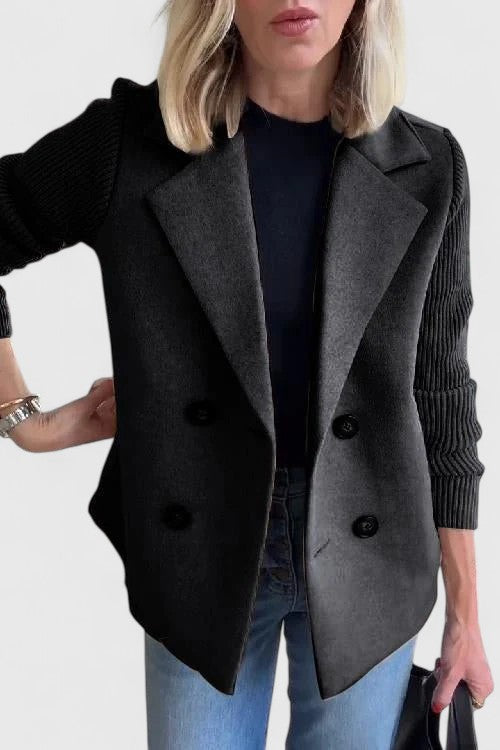 Women's Blazer Double-Breasted with Contrast Knit Sleeves - Black
