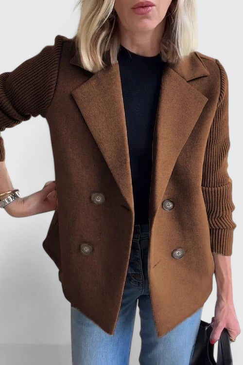 Women's Blazer Double-Breasted with Contrast Knit Sleeves - Dark Brown
