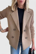 Women's Blazer Double-Breasted with Contrast Knit Sleeves - Brown