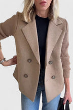 Women's Blazer Double-Breasted with Contrast Knit Sleeves - Brown