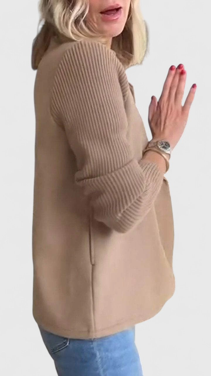 Women's Blazer Double-Breasted with Contrast Knit Sleeves - 10