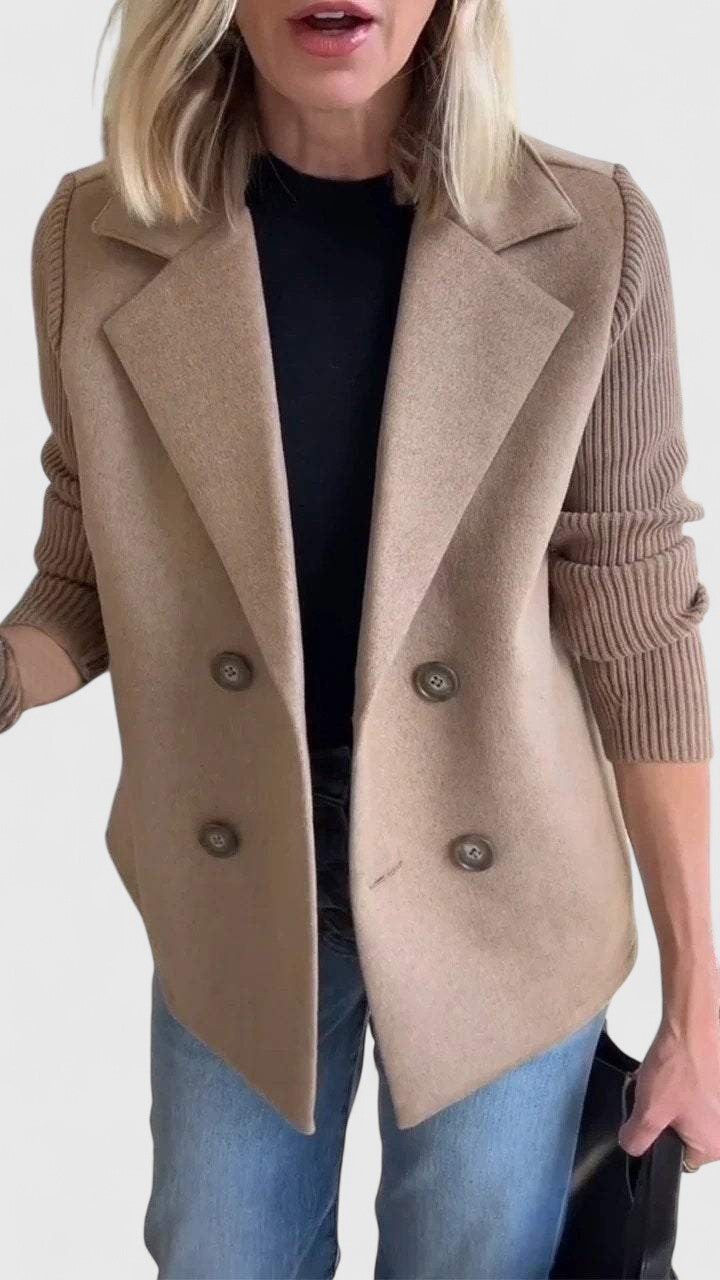 Women's Blazer Double-Breasted with Contrast Knit Sleeves - 11