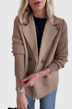 Women's Blazer Double-Breasted with Contrast Knit Sleeves - 12