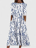 Women's Midi Dress Short Sleeve with Round Neckline and A-Line Silhouette - Blue