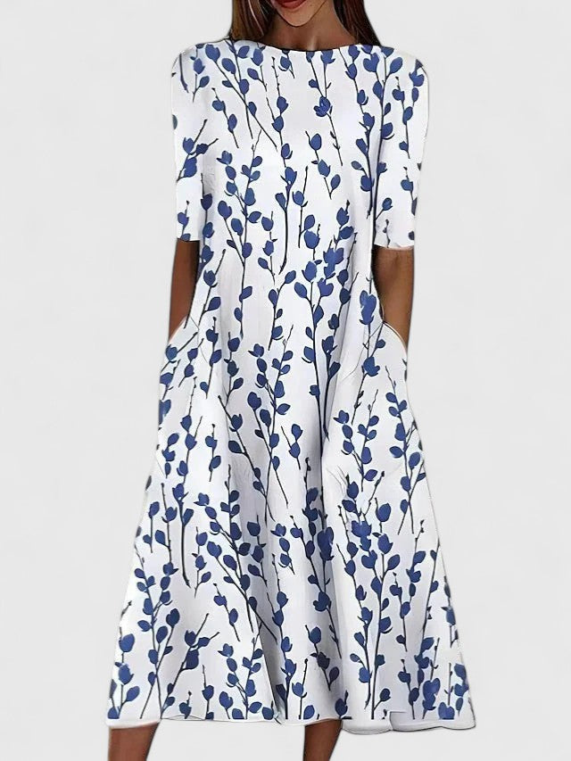 Women's Midi Dress Short Sleeve with Round Neckline and A-Line Silhouette - Blue