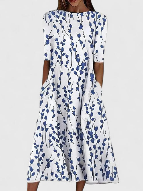 Women's Midi Dress Short Sleeve with Round Neckline and A-Line Silhouette - Blue