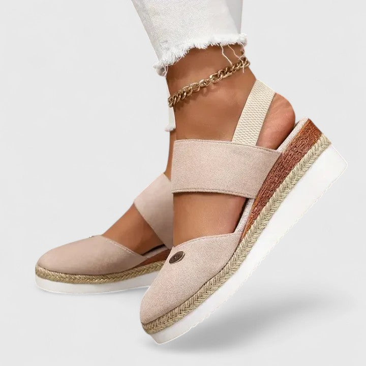 Women's Wedge Sandals with Elastic Strap and Woven Platform - 5
