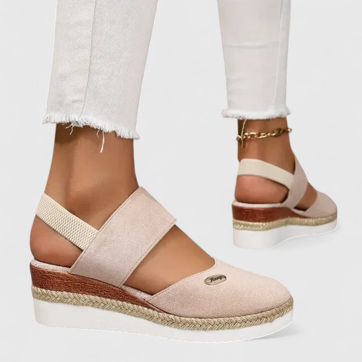 Women's Wedge Sandals with Elastic Strap and Woven Platform - Beige