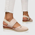 Women's Wedge Sandals with Elastic Strap and Woven Platform - Beige