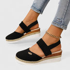 Women's Wedge Sandals with Elastic Strap and Woven Platform - Black