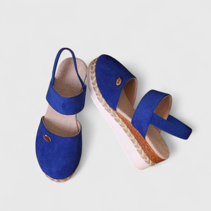 Women's Wedge Sandals with Elastic Strap and Woven Platform - Blue
