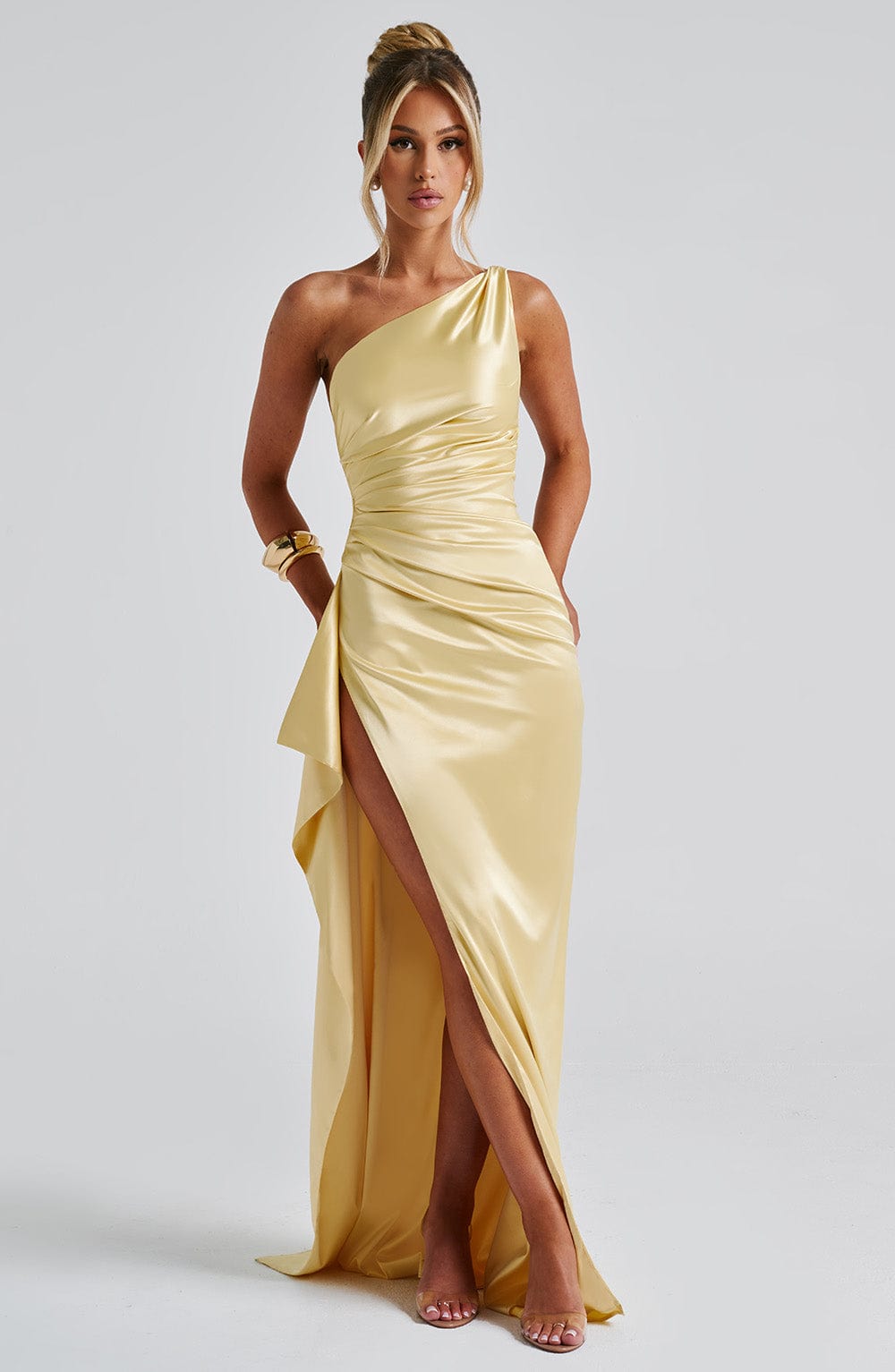 Women's Maxi Dress One Shoulder Ruched Bodycon with Thigh Slit - 8