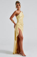 Women's Maxi Dress One Shoulder Ruched Bodycon with Thigh Slit - 7