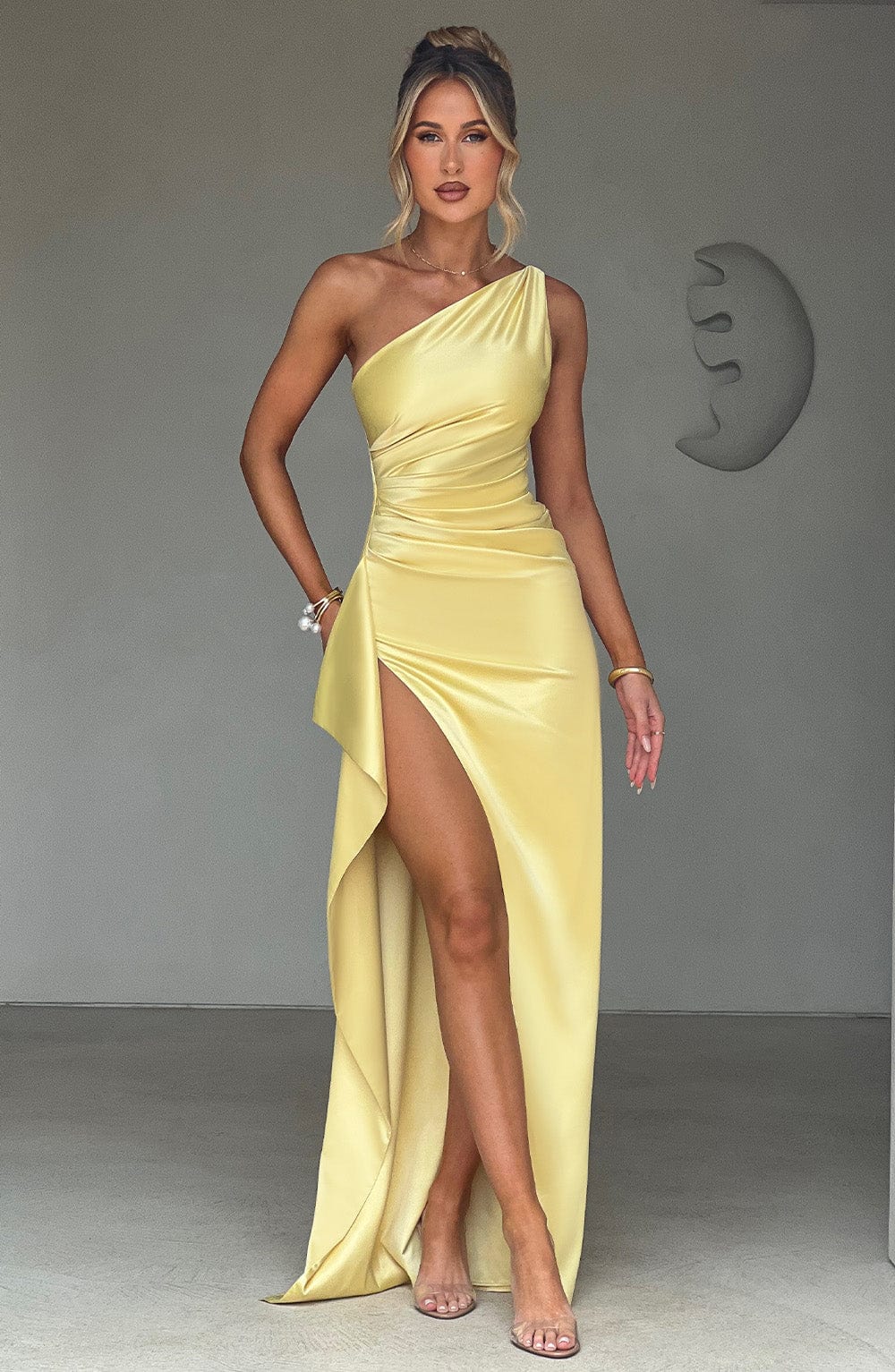 Women's Maxi Dress One Shoulder Ruched Bodycon with Thigh Slit - 4