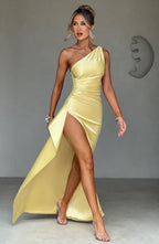 Women's Maxi Dress One Shoulder Ruched Bodycon with Thigh Slit - 5