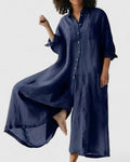 Women's Wide-Leg Jumpsuit Dress with Button Front and Cinched Waist - Blue
