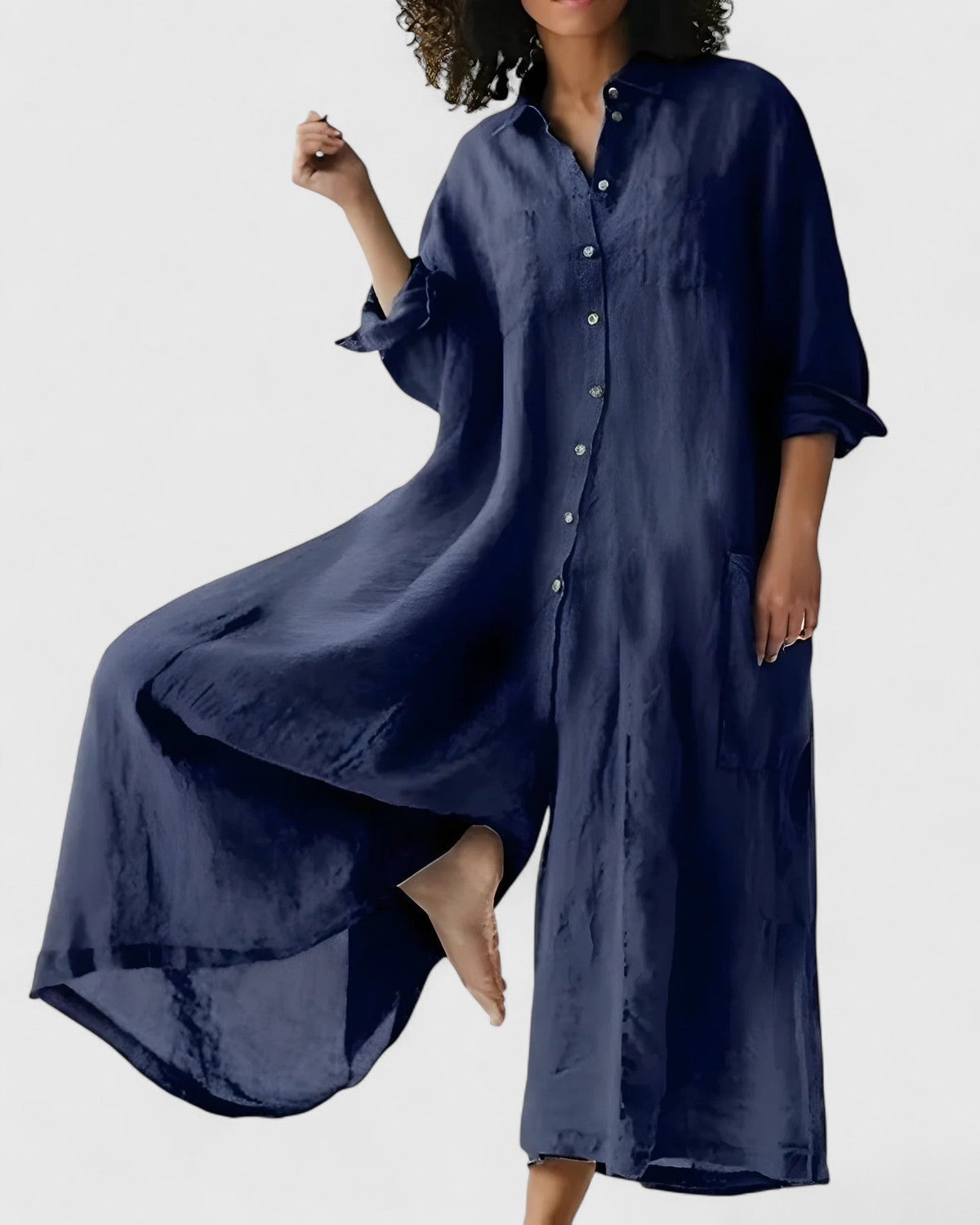 Women's Wide-Leg Jumpsuit Dress with Button Front and Cinched Waist - Blue