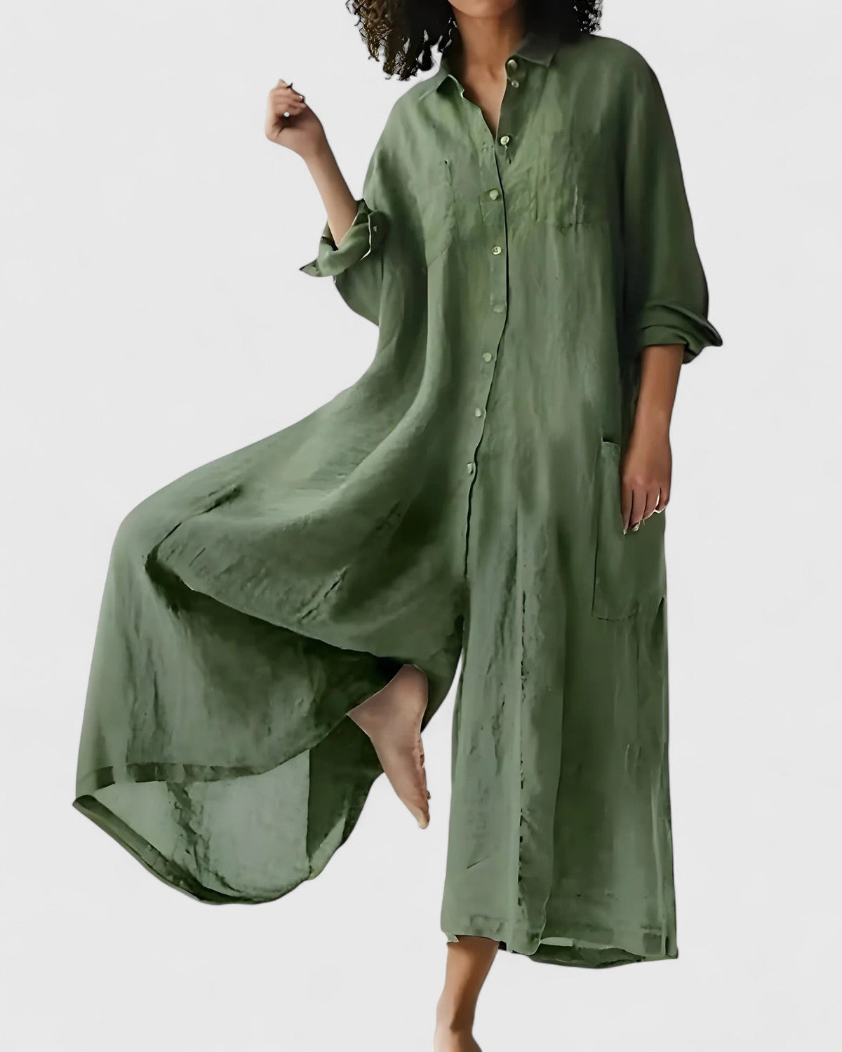 Women's Wide-Leg Jumpsuit Dress with Button Front and Cinched Waist - Green