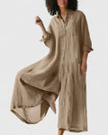 Women's Wide-Leg Jumpsuit Dress with Button Front and Cinched Waist - Khaki