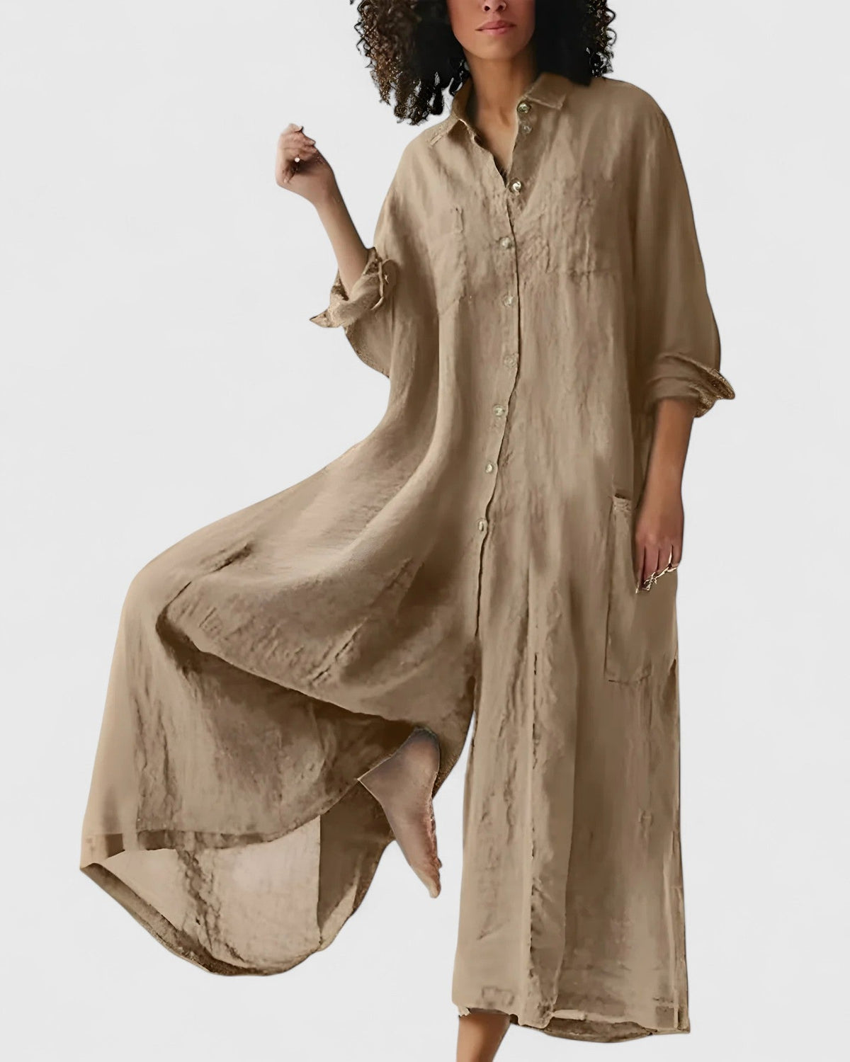Women's Wide-Leg Jumpsuit Dress with Button Front and Cinched Waist - Khaki