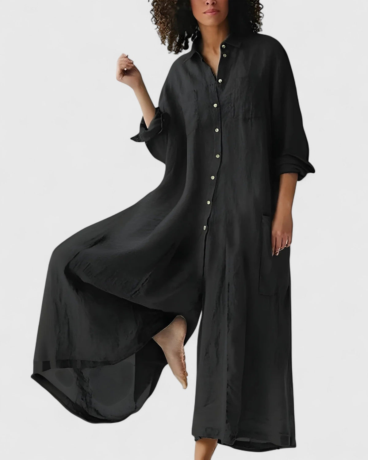 Women's Wide-Leg Jumpsuit Dress with Button Front and Cinched Waist - Black