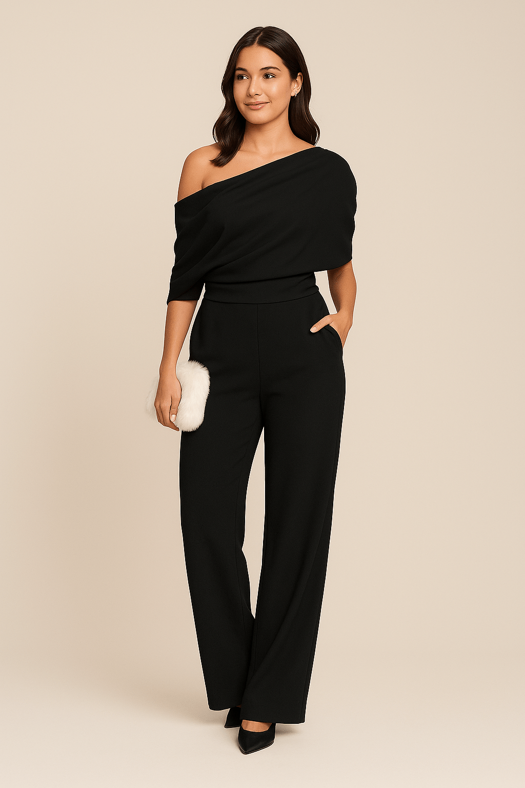 Women's One-Shoulder Jumpsuit with Draped Neckline and Tailored Waist - Black