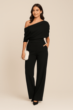 Women's One-Shoulder Jumpsuit with Draped Neckline and Tailored Waist - Black