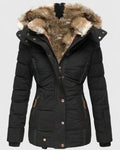 Women's Padded Coat with Faux Fur Hood and Zip Pockets - Black