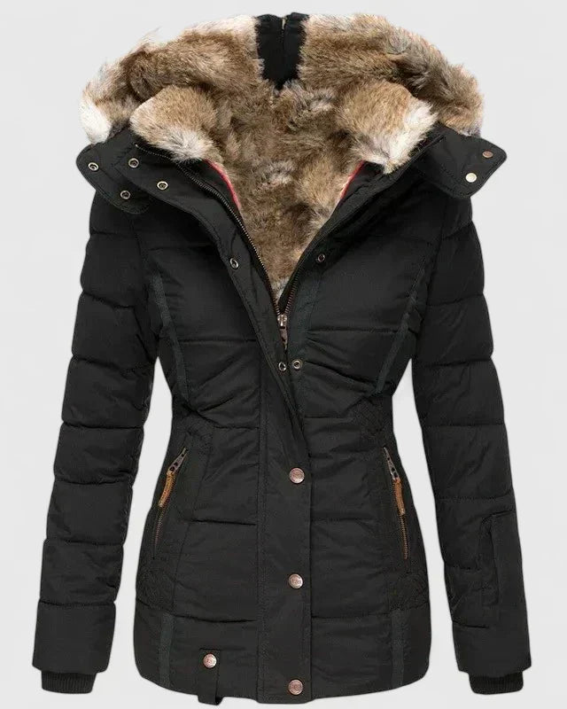 Women's Padded Coat with Faux Fur Hood and Zip Pockets - Black