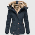 Women's Padded Coat with Faux Fur Hood and Zip Pockets - Blue