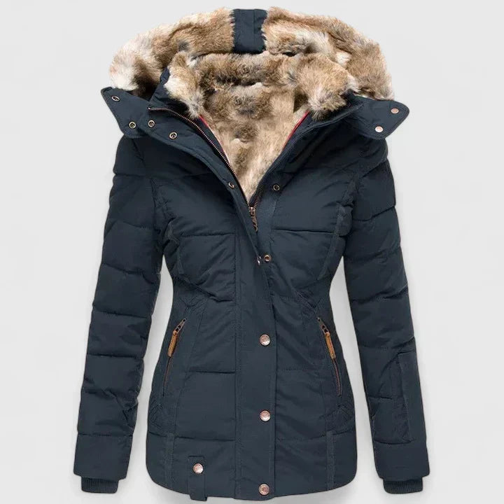 Women's Padded Coat with Faux Fur Hood and Zip Pockets - Blue