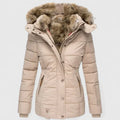 Women's Padded Coat with Faux Fur Hood and Zip Pockets - Beige