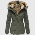 Women's Padded Coat with Faux Fur Hood and Zip Pockets - Green