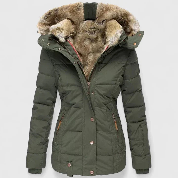 Women's Padded Coat with Faux Fur Hood and Zip Pockets - Green