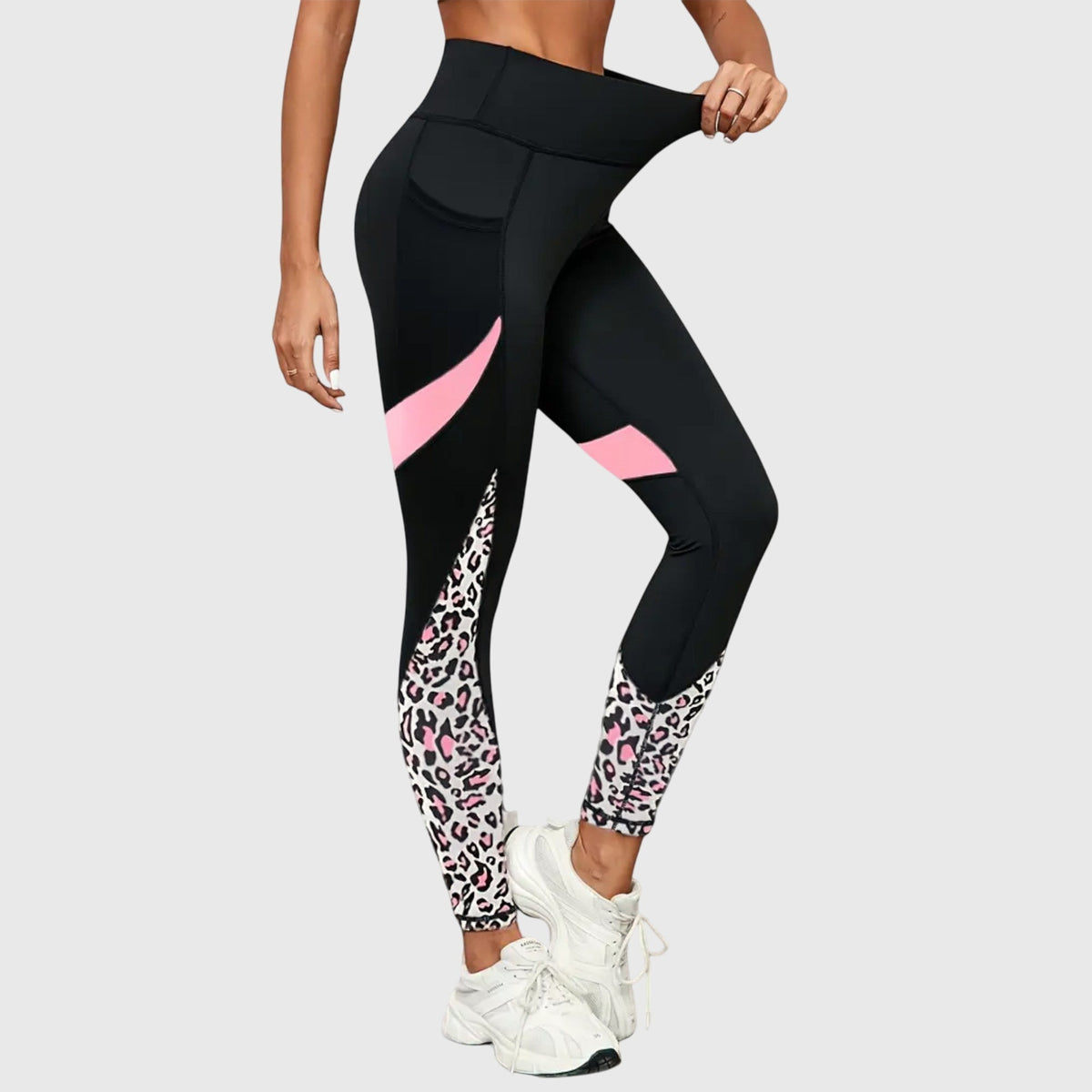 Women's High-Waisted Training Leggings with Contrast Print Panels - Light Pink