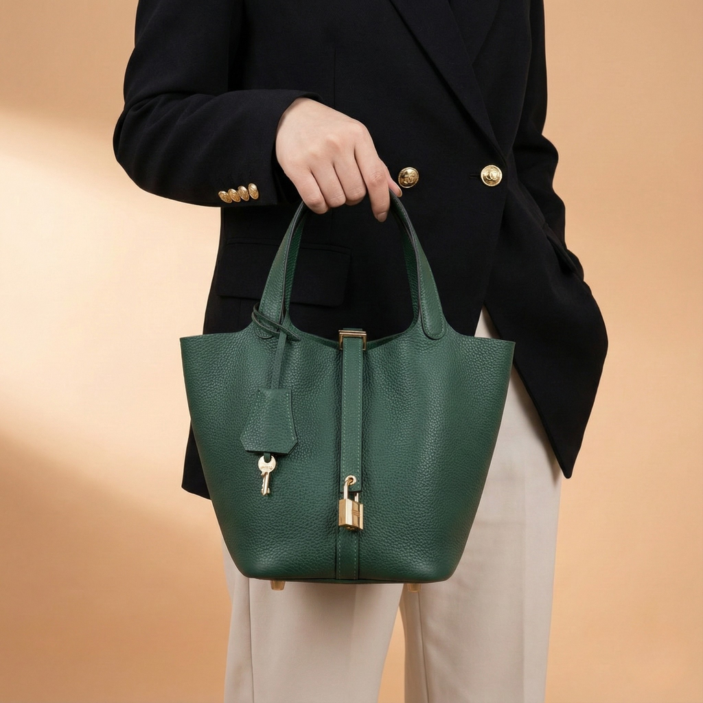 Women's Structured Bucket Bag with Twist-Lock Clasp - 23