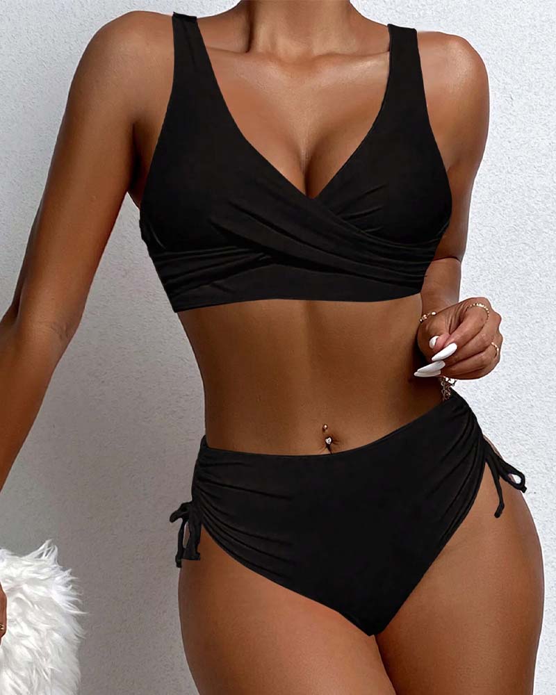 Women's V-Neck Wrap Bikini with Ruched Tie-Side Bottoms - 2